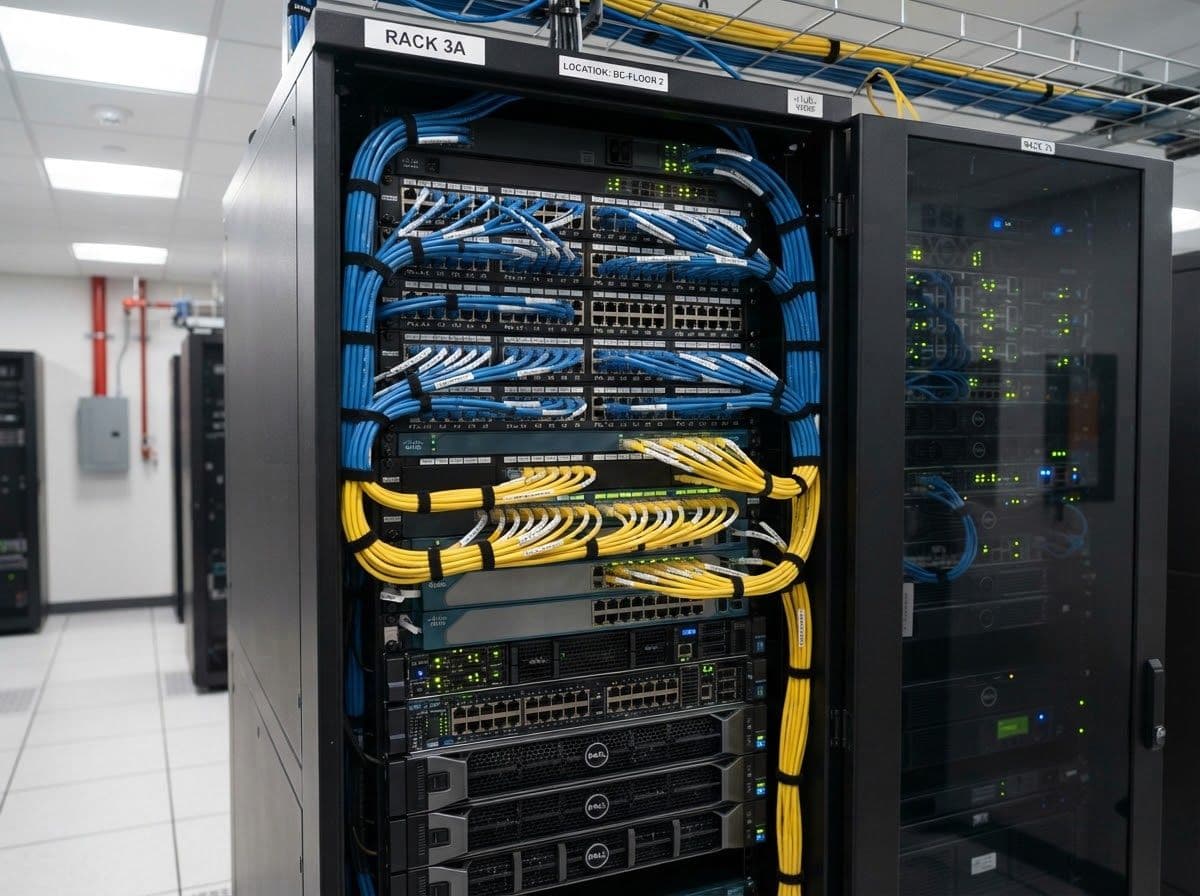 Rack de telecomunicaciones con cableado estructurado ordenado y etiquetado