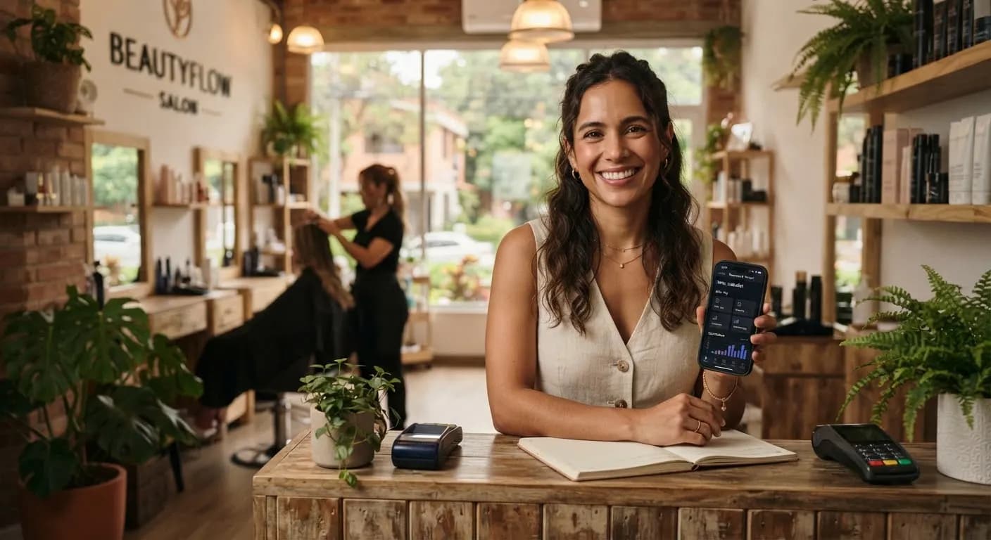 Emprendedora atendiendo su negocio desde el celular, con pedidos y citas llegando solos